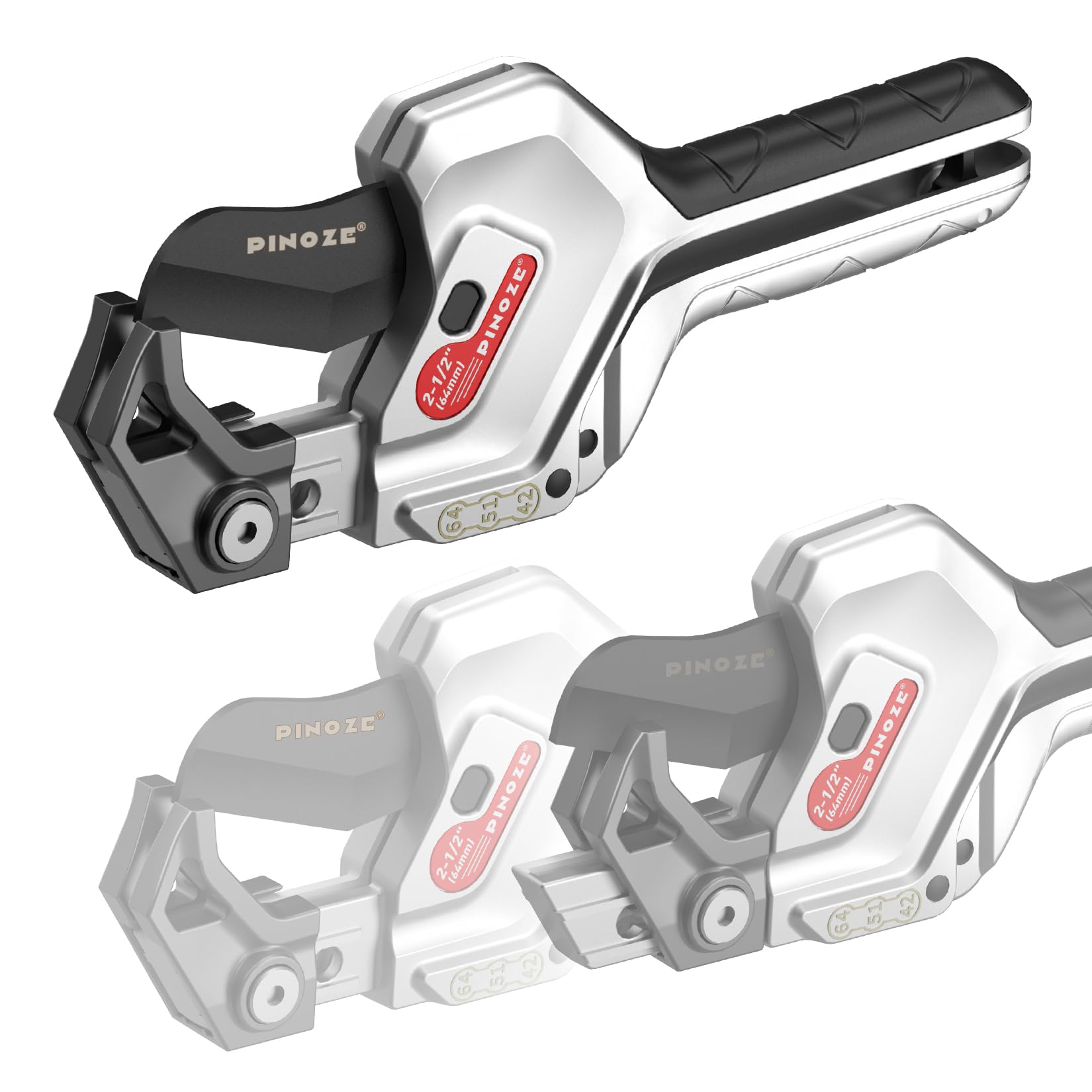 PINOZE PVC pipe cutter blade close-up shows SK5 with Teflon coating for clean cuts