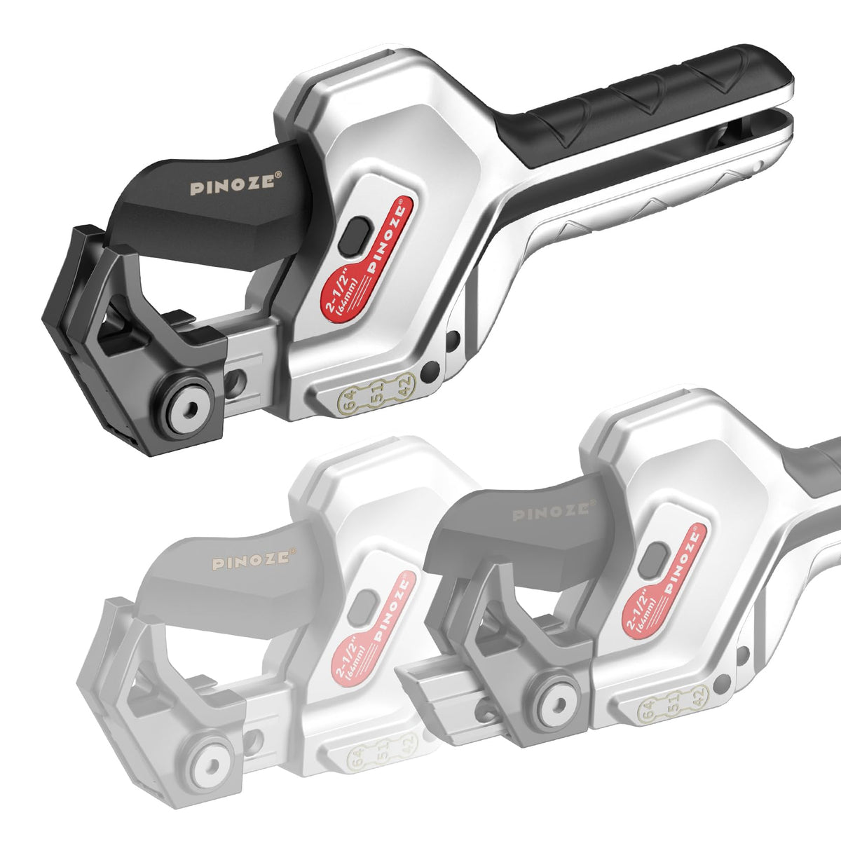 PINOZE PVC pipe cutter blade close-up shows SK5 with Teflon coating for clean cuts
