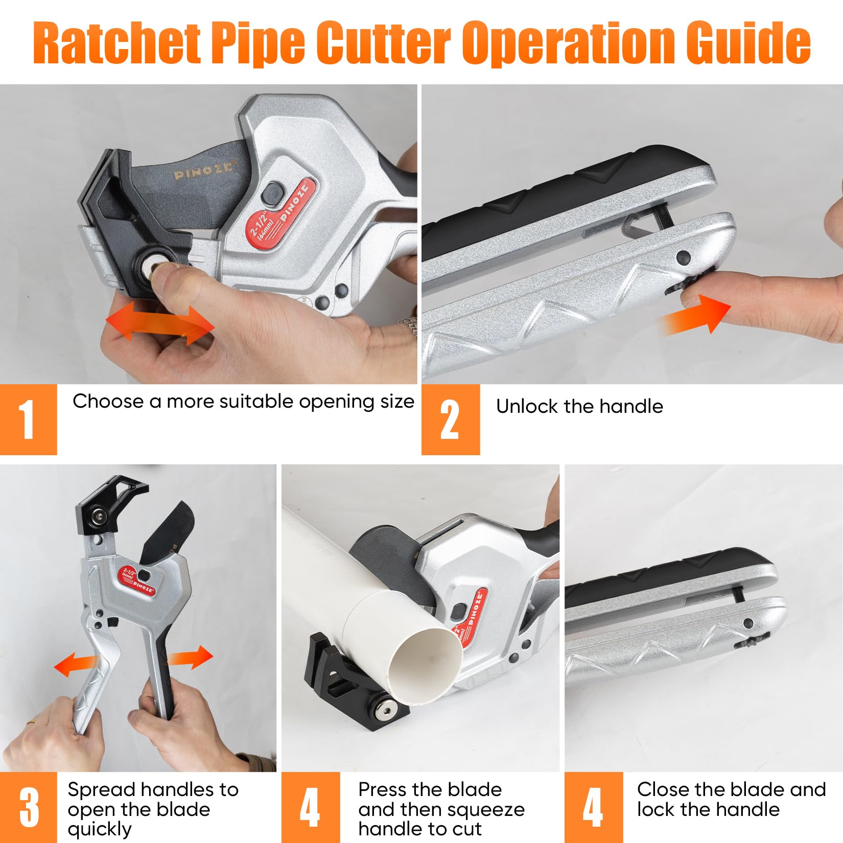 PINOZE cutter cutting a PVC pipe up to 2-1/2 inches