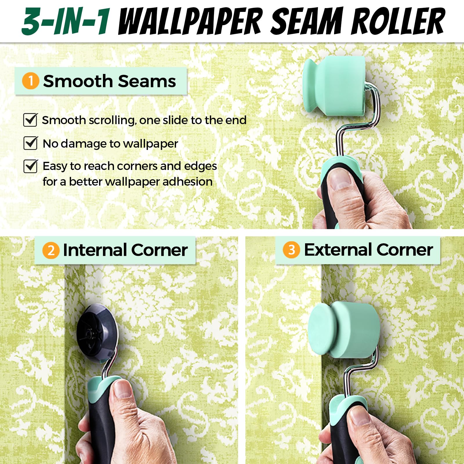 PinStone 4-in-1 wallpaper squeegee for smoothing, trimming, marking and seaming.