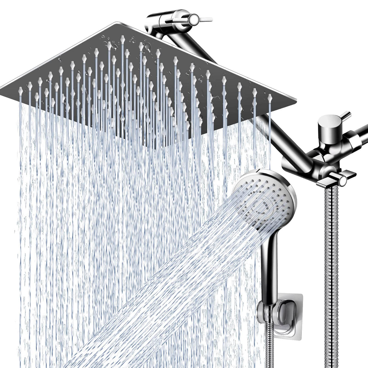 PinWin 12-inch square rain showerhead delivers wide coverage for a spa-like shower.