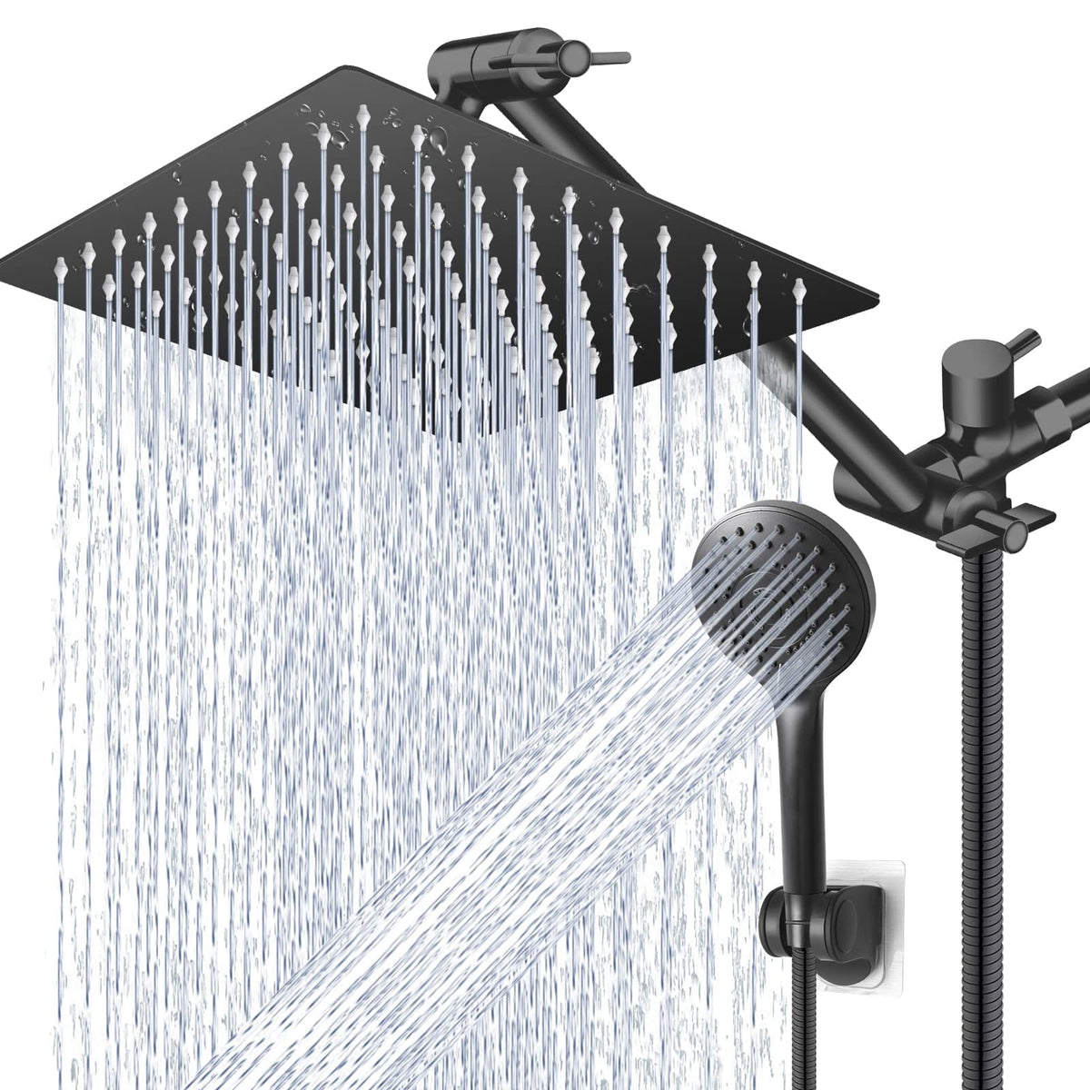 PinWin 12-inch square rain showerhead delivers broad coverage for a spa-like shower.