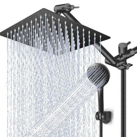 PinWin 12-inch square rain showerhead delivers broad coverage for a spa-like shower.