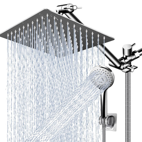 PinWin 12-inch square rain showerhead delivers wide coverage for a spa-like shower.