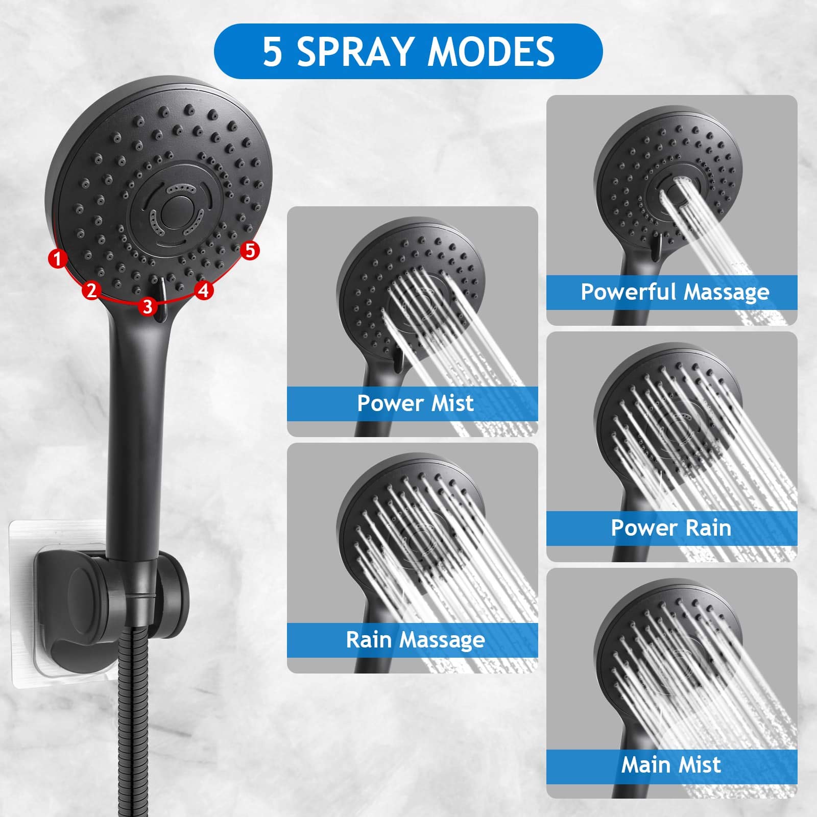 PinWin Shower Head Combo handheld with 5 settings for baby baths or pets