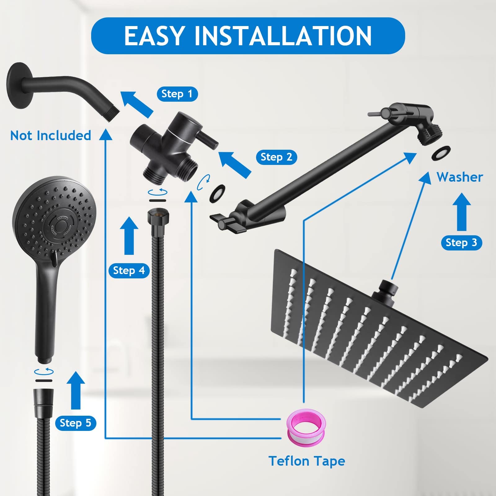 PinWin shower head combo installs quickly with included wrench and tape.