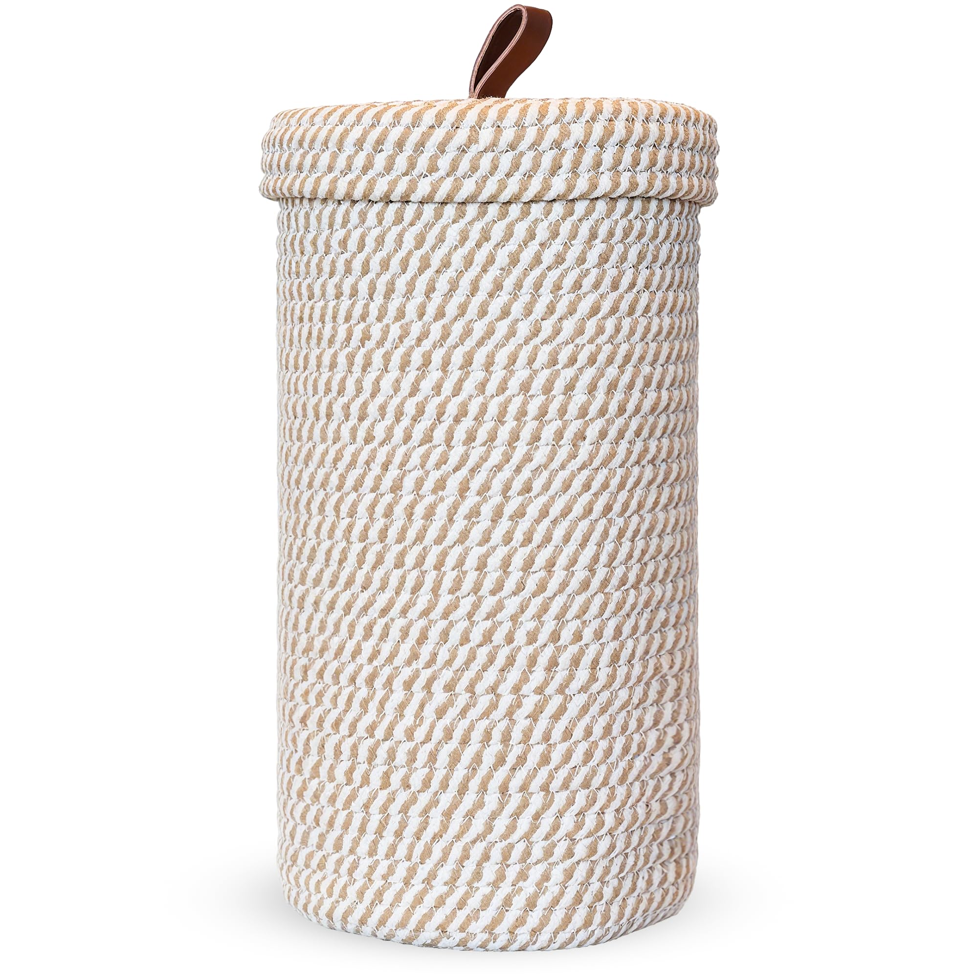 PINXIURY toilet paper holder woven stand highlights natural cotton texture for stylish bathroom storage.