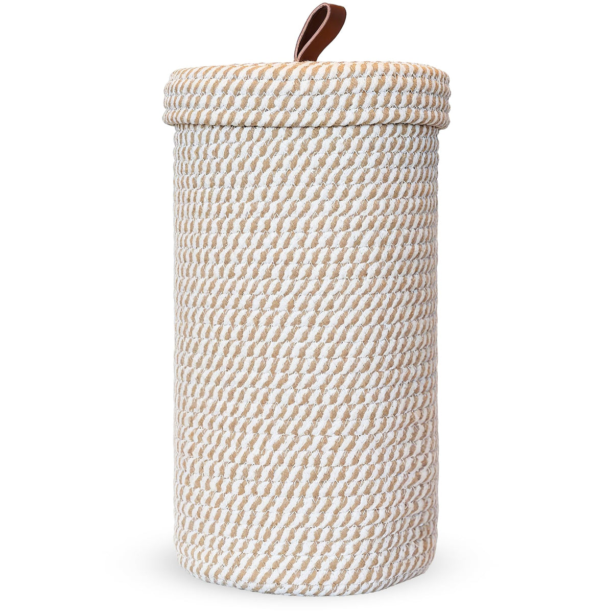 PINXIURY toilet paper holder woven stand highlights natural cotton texture for stylish bathroom storage.