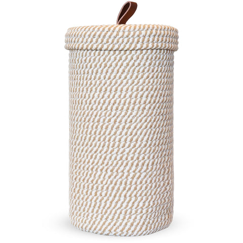 PINXIURY toilet paper holder woven stand highlights natural cotton texture for stylish bathroom storage.