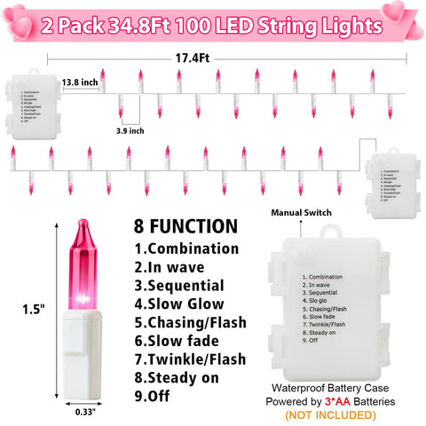 PIONJOY pink string lights battery-operated for flexible indoor outdoor use