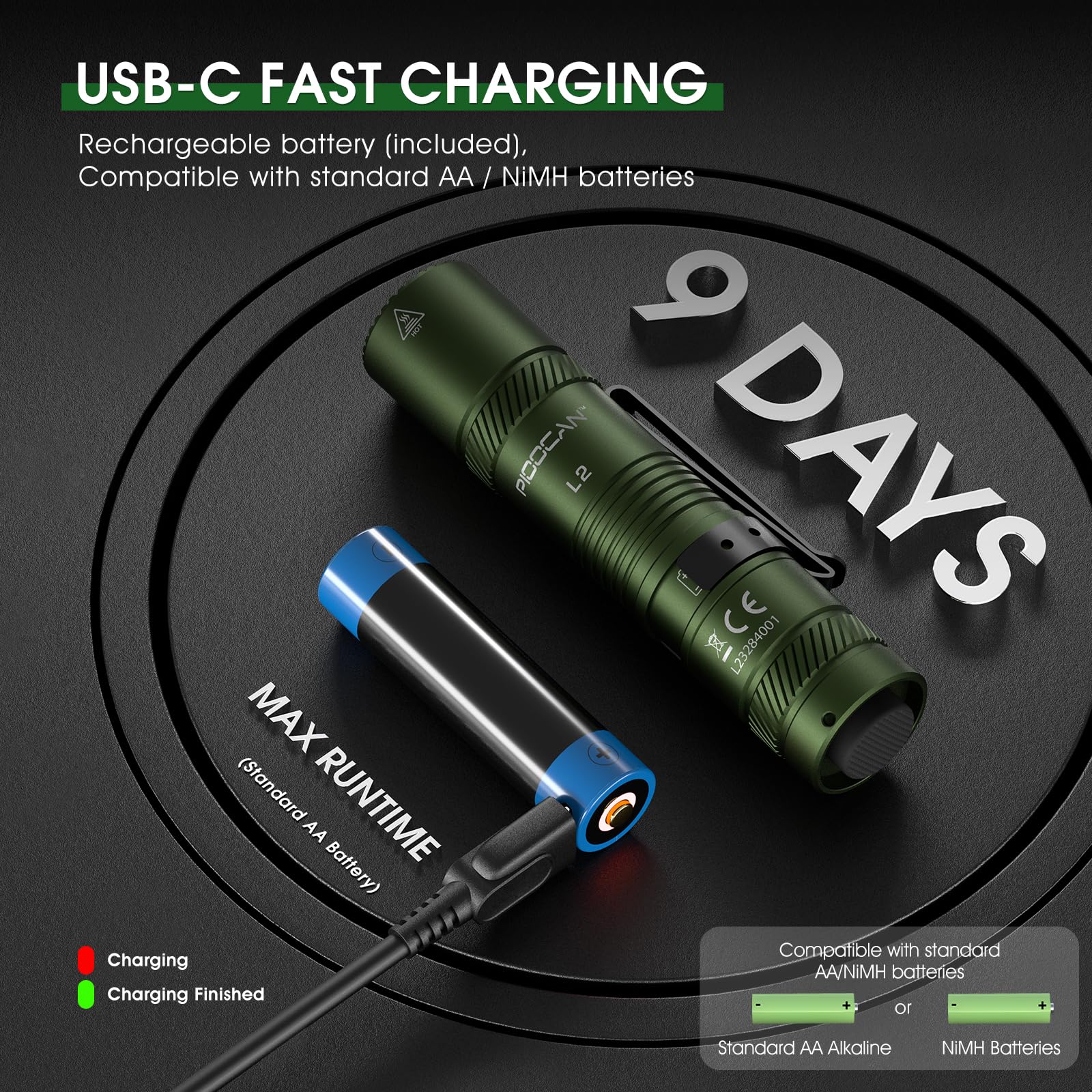 PIOOCAN durable flashlight withstands rain and 1.5 m drops.