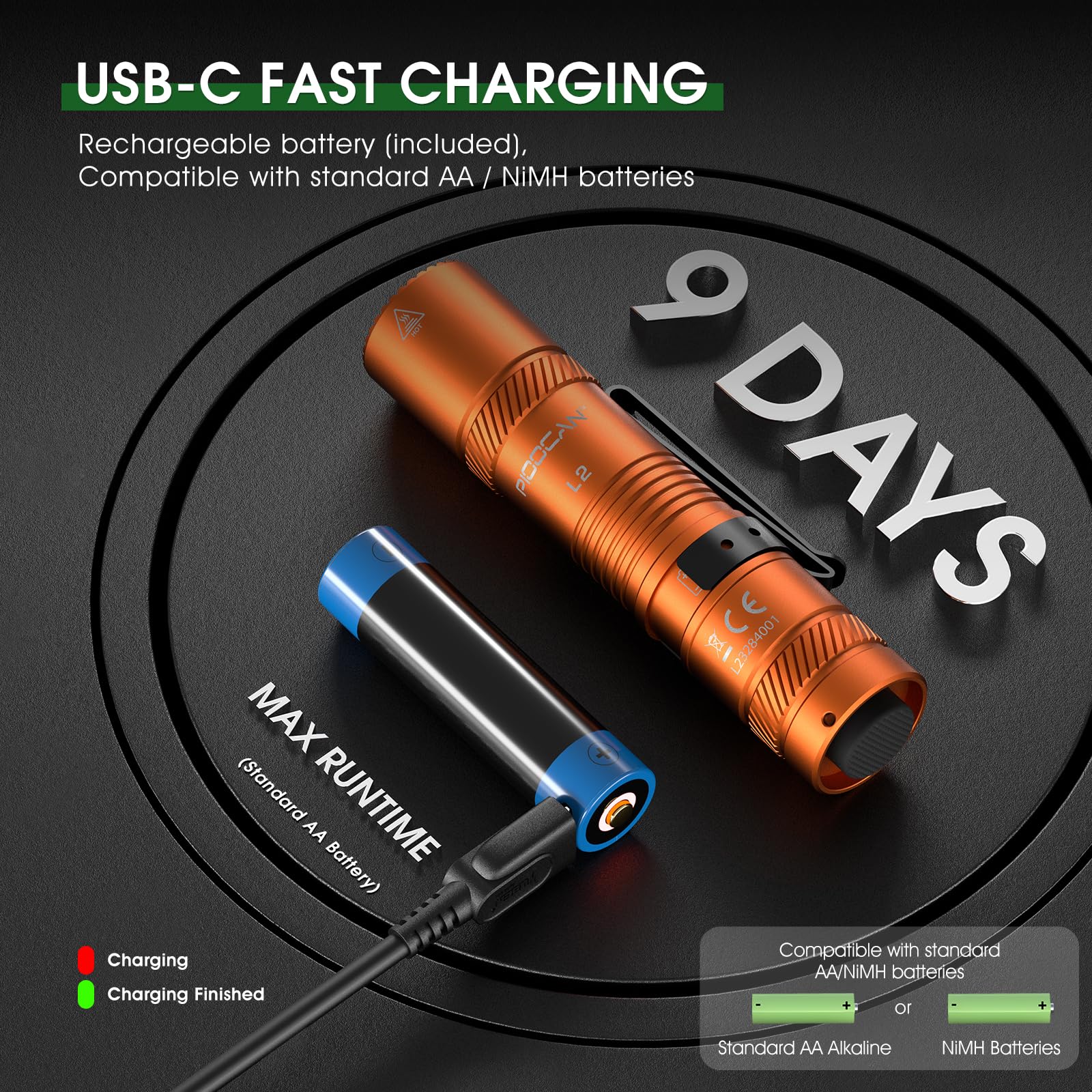 PIOOCAN USB-C rechargeable design with a compatible charging cable.