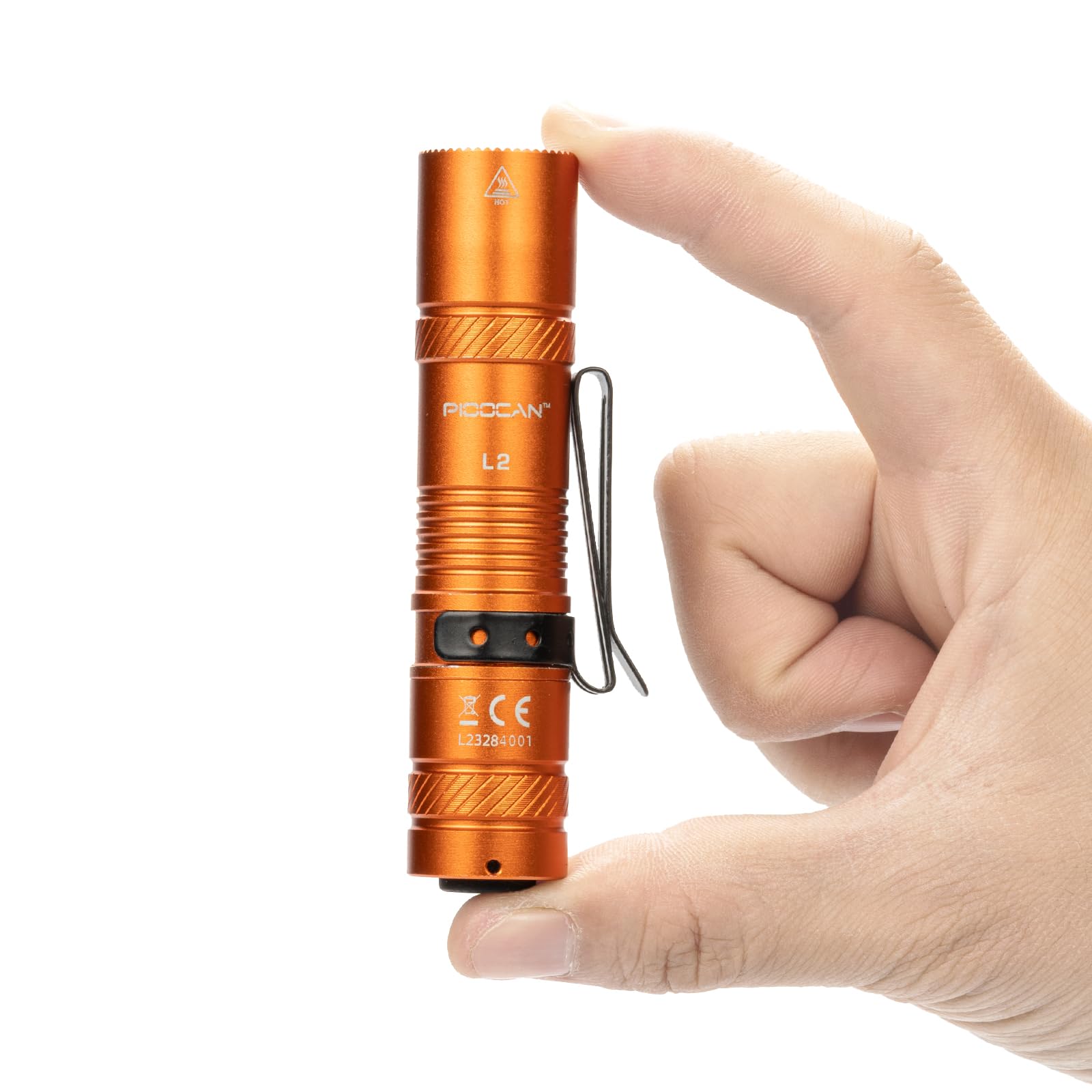 PIOOCAN Rechargeable flashlight with 1200-lumen front view for outdoor visibility.