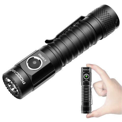 PIOOCAN S10Pro pocket flashlight front view with 2500-lumen brightness for outdoor use.
