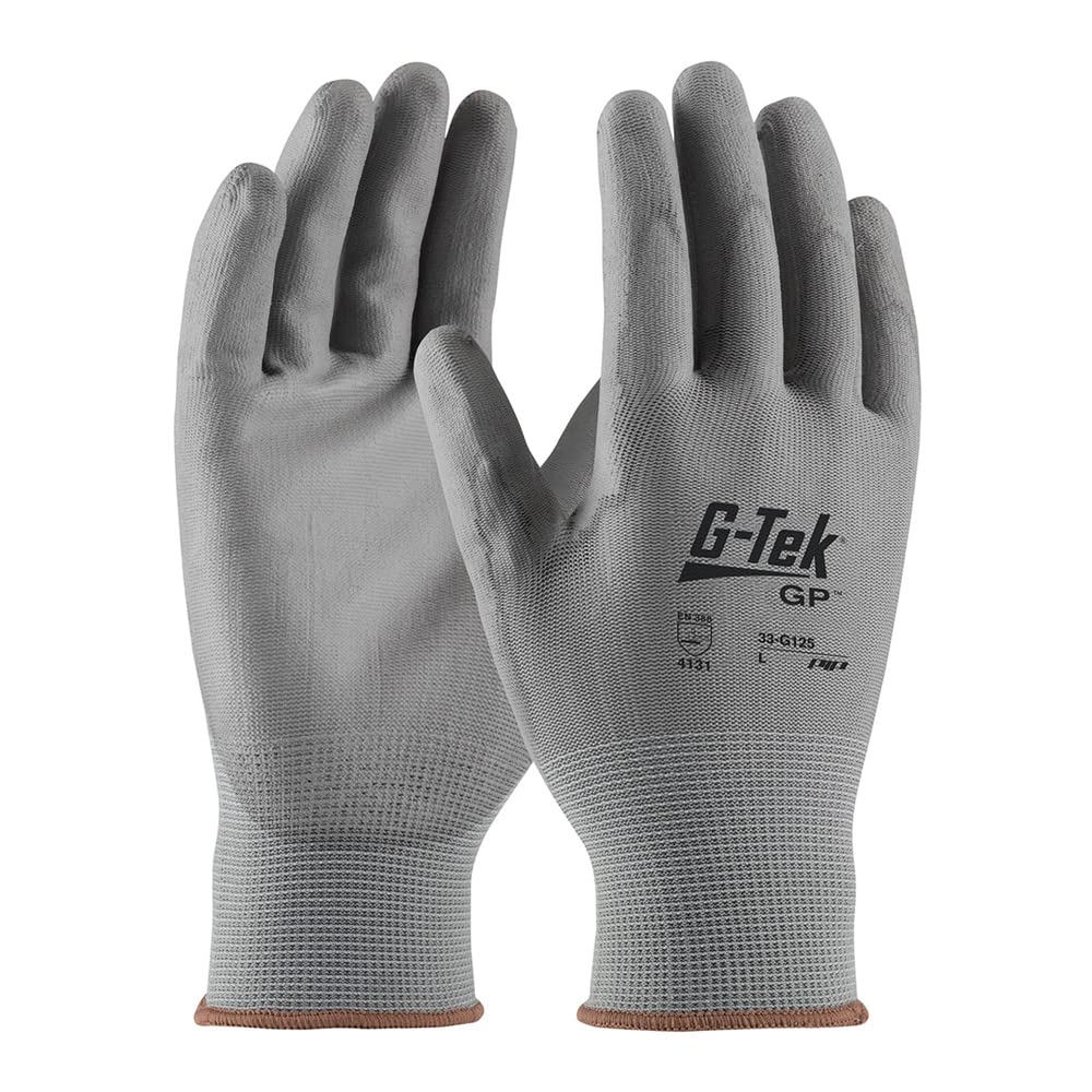 PIP 33-G125-L gray nylon gloves with smooth PU grip for general duty tasks.