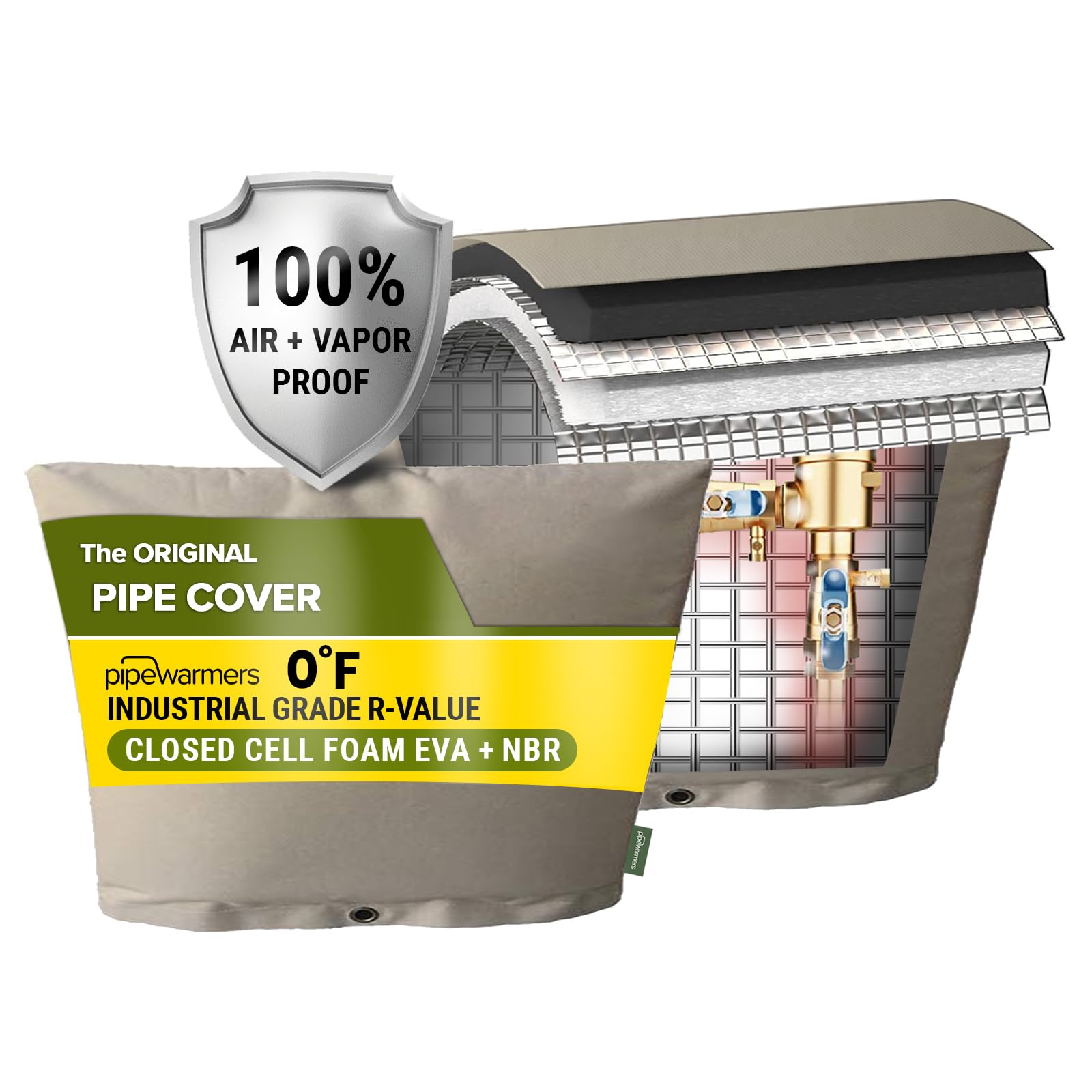 PipeWarmers winter pipe cover front view protects outdoor pipes from cold exposure.