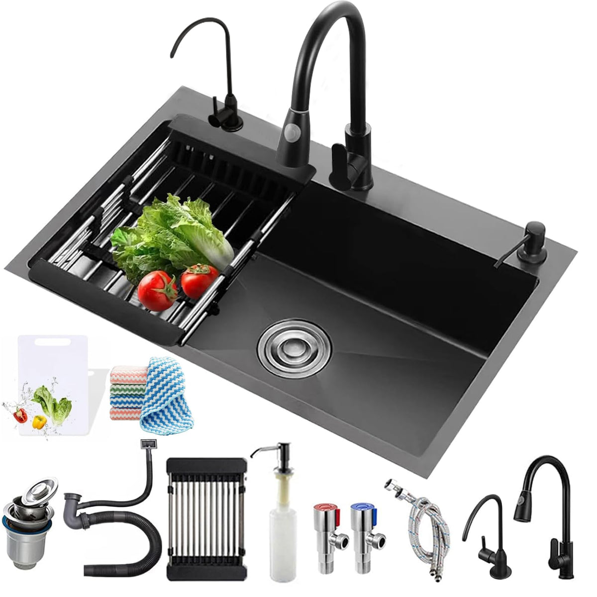PIRPELO black kitchen sink with pull-out faucet for flexible rinsing