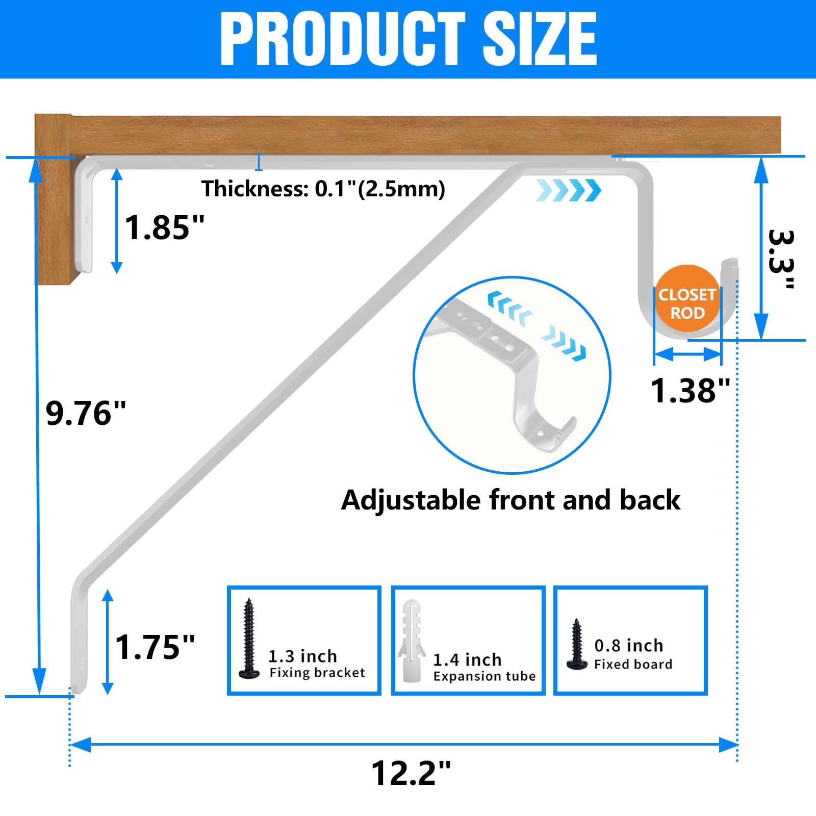 Pisman closet shelf bracket with rod holder in white for stable shelves