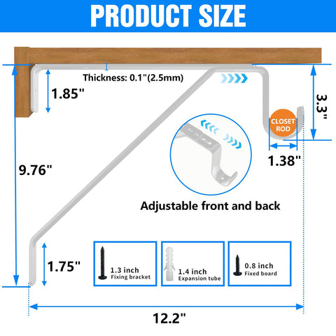 Pisman closet shelf bracket with rod holder in white for stable shelves