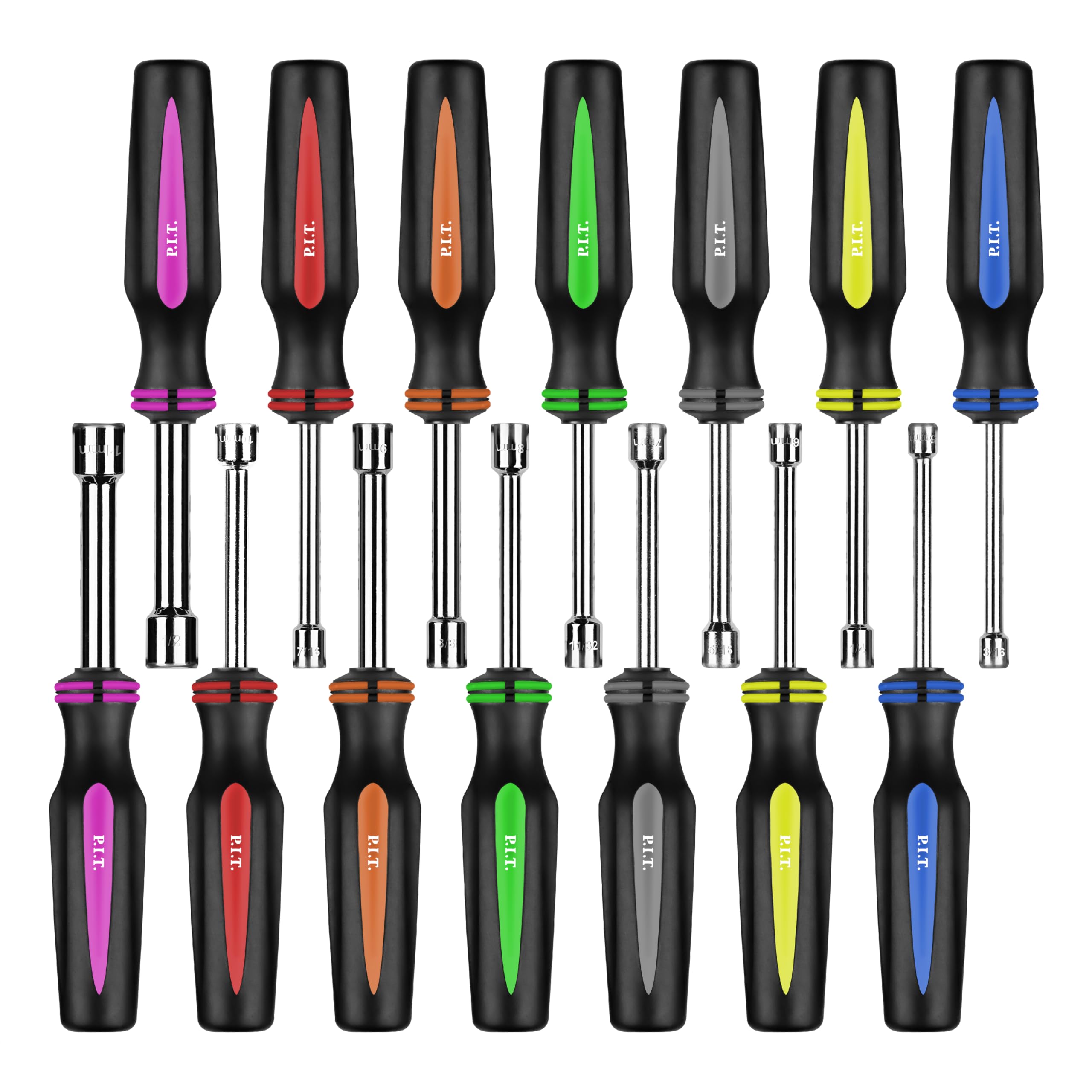 P.I.T. 14PC nut driver with color-coded handles for quick identification.