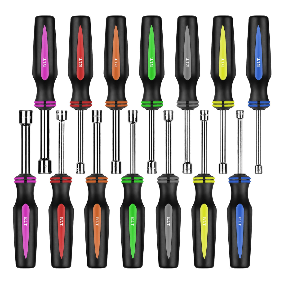 P.I.T. 14PC nut driver with color-coded handles for quick identification.