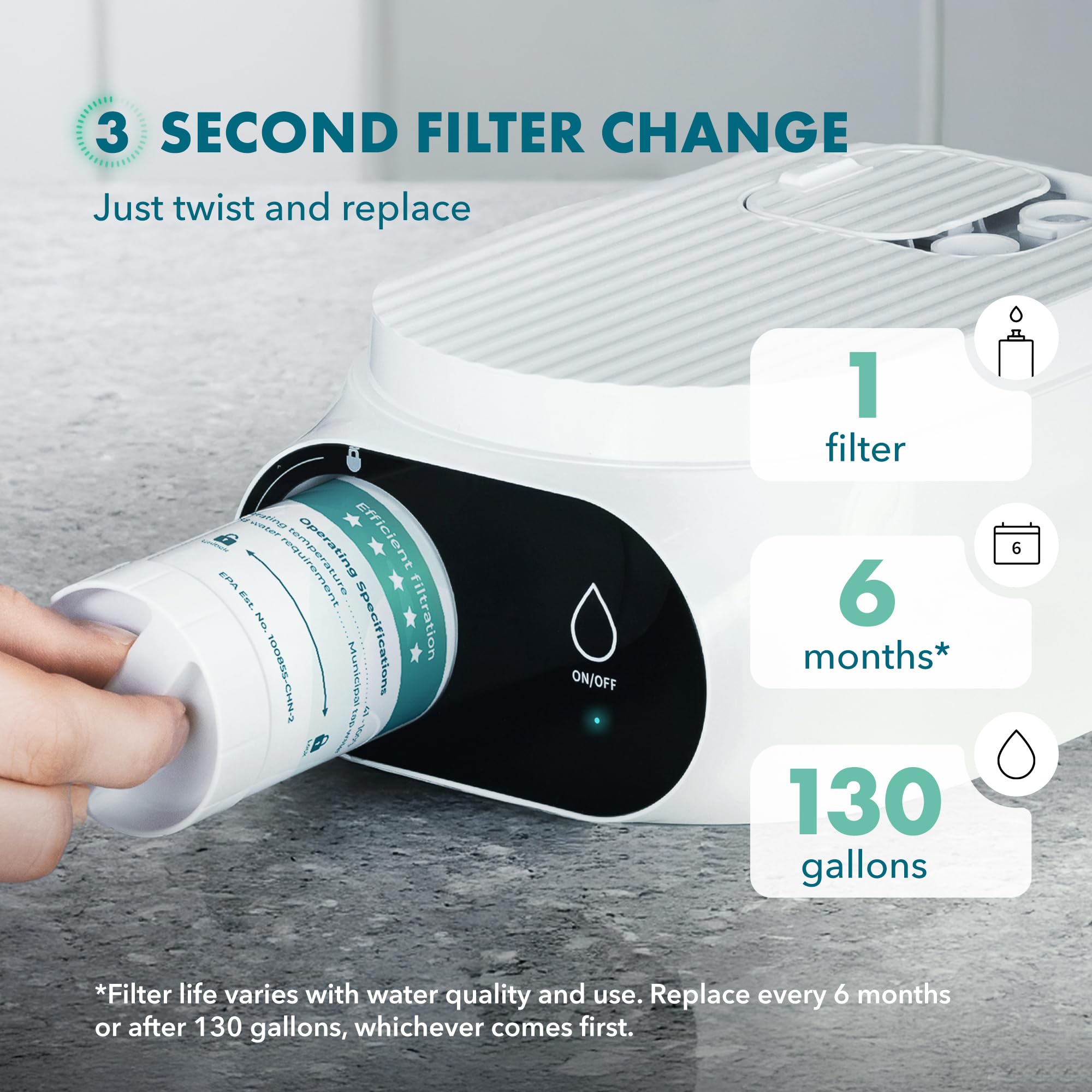 PIURIFY water-flow demonstration highlights 2-minute filtration.