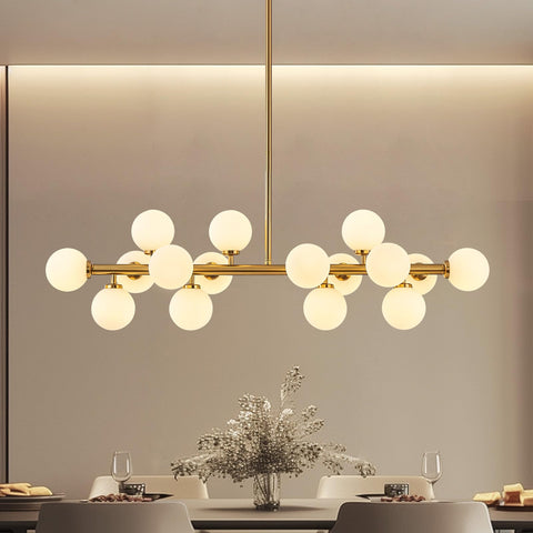 PiWWPi glass globe sputnik chandelier, front view, creates a warm dining room focal point.