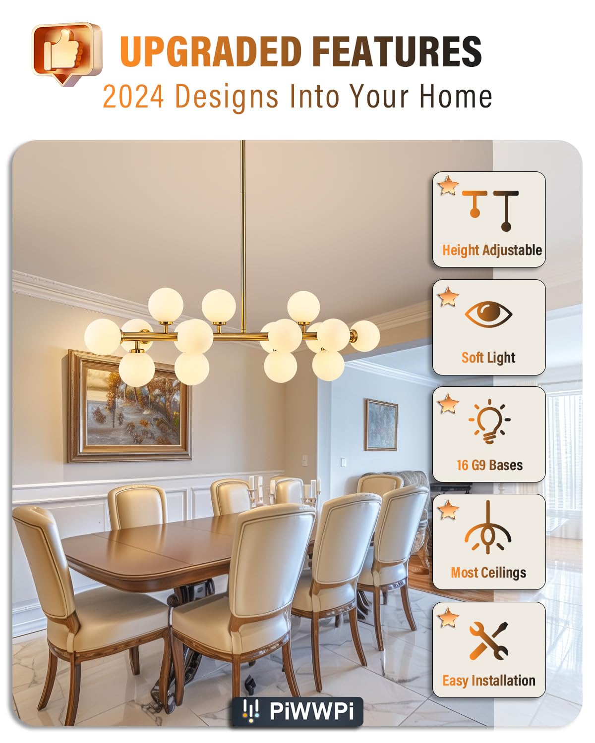 PiWWPi sputnik chandelier assembly steps illustration highlighting easy installation.