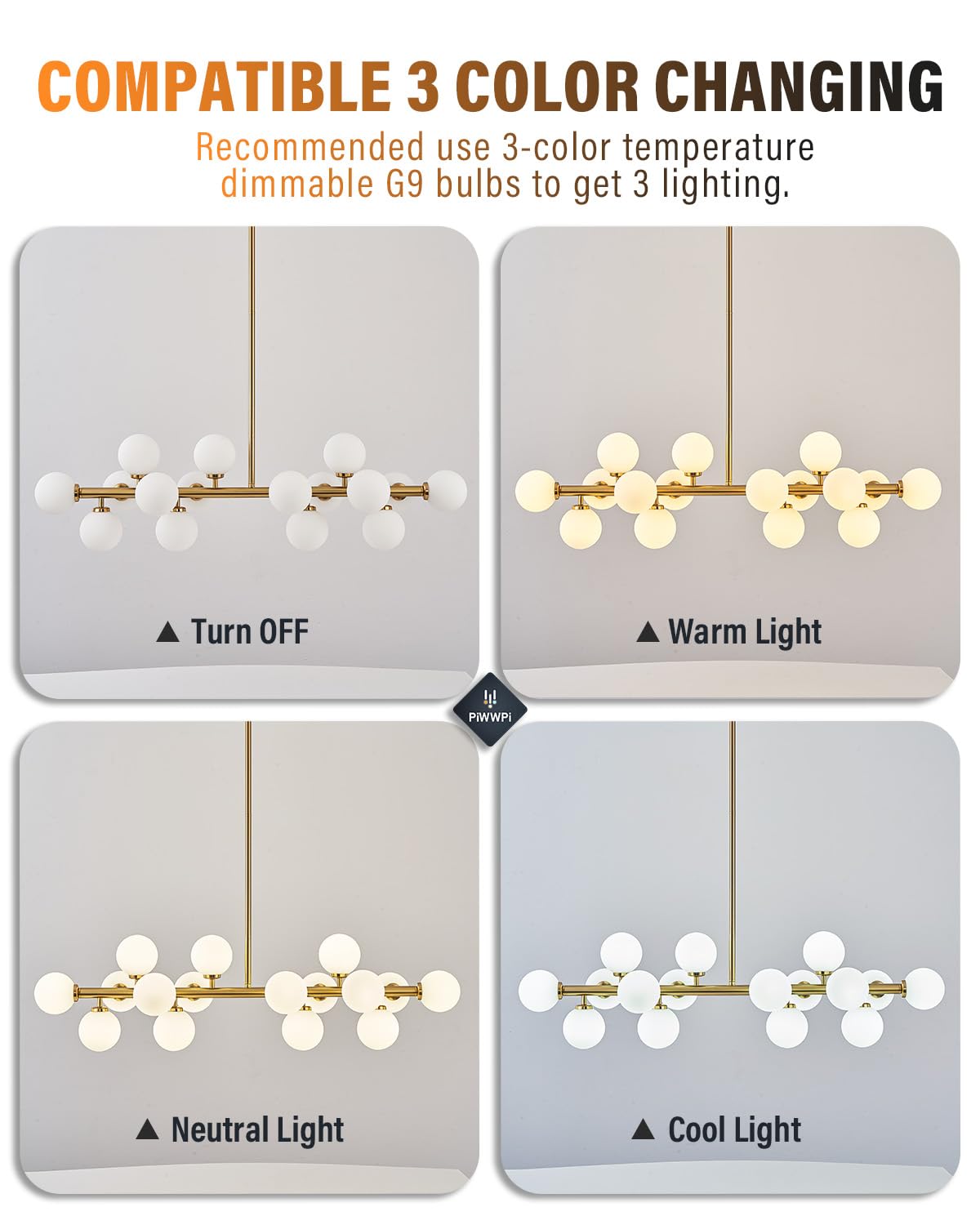 PiWWPi 16 G9 bulbs compatibility visual emphasizes dimmable lighting.