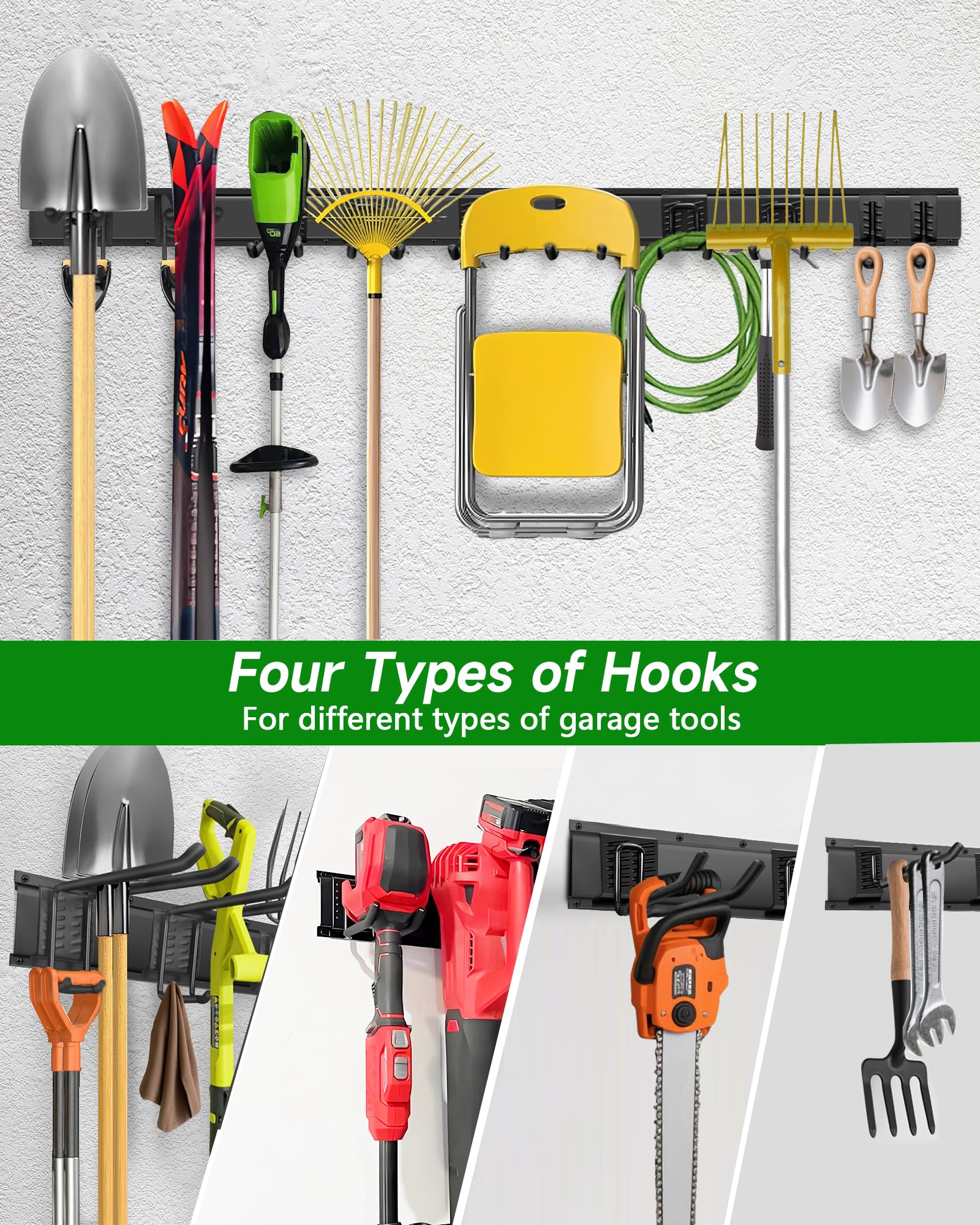 PIYILO garage organizer with versatile hook types for bulky garden tools.