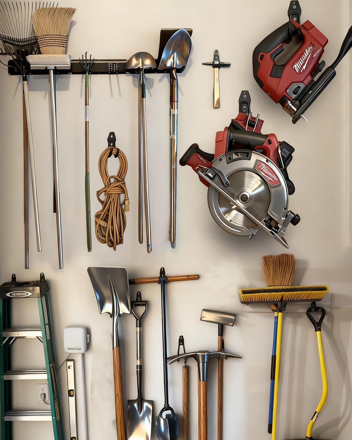 PIYILO 18 garage hooks display versatile sizes for ladders and tools.