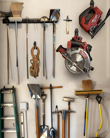 PIYILO 18 garage hooks display versatile sizes for ladders and tools.