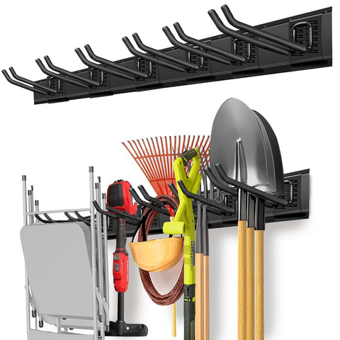 PIYILO garage organizer rail 48-inch securely holds tools and frees wall space.