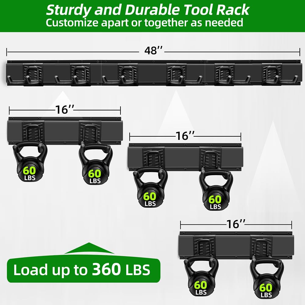 PIYILO six-hook setup provides flexible storage for bulky garden tools.