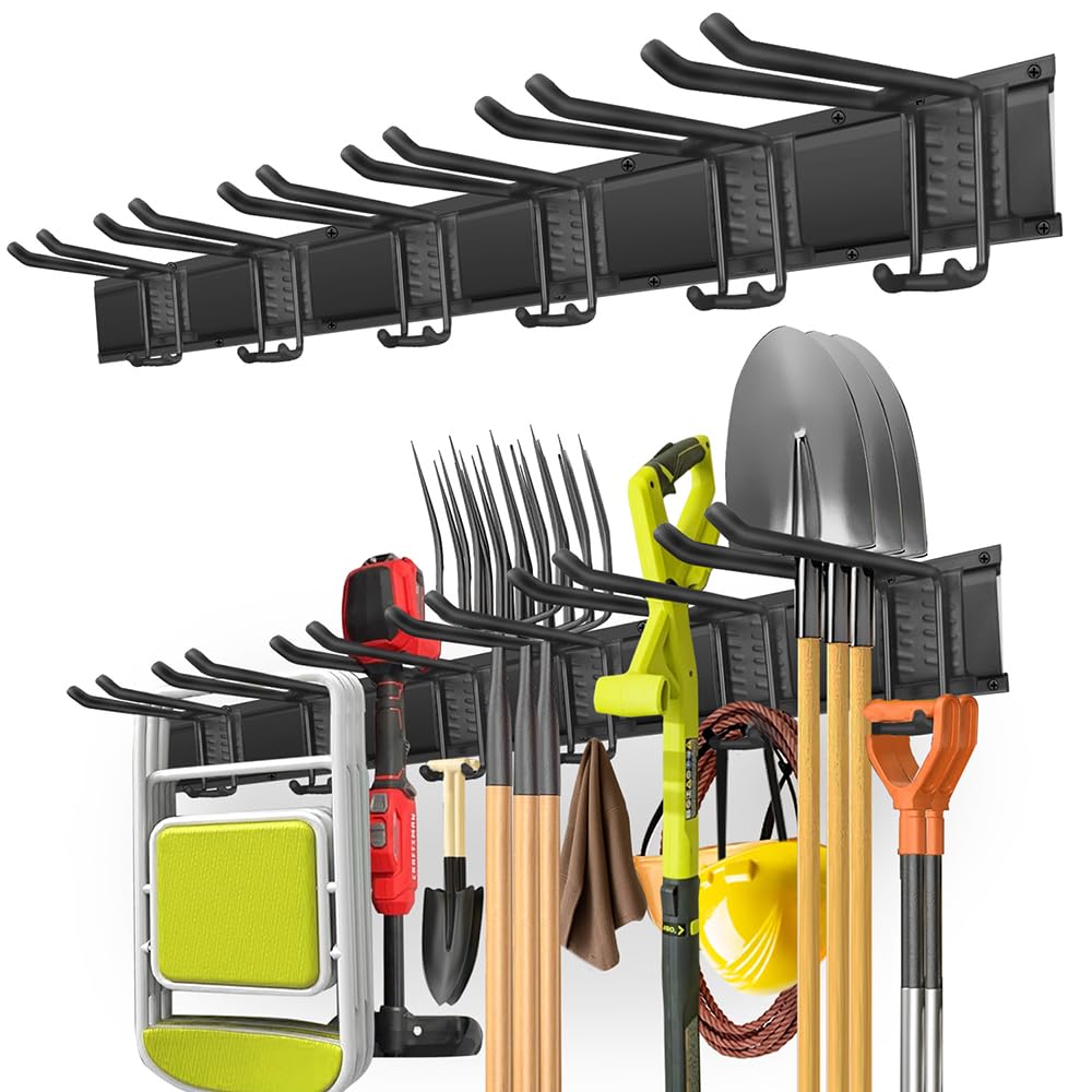 PIYILO garage tool organizer wall mount with 48-inch rails keeps tools neatly stored