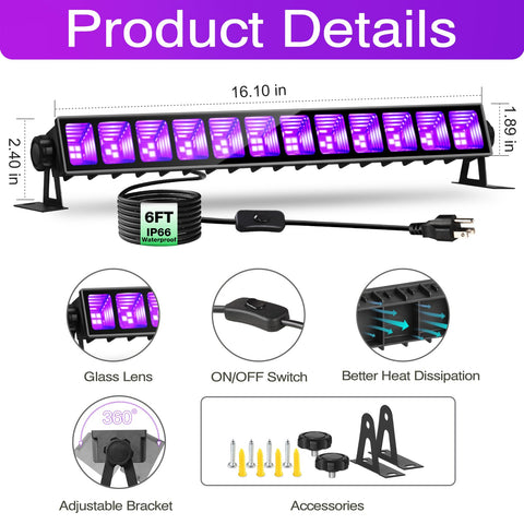 PIZHLO IP66 waterproof blacklight bar withstands rain and humidity