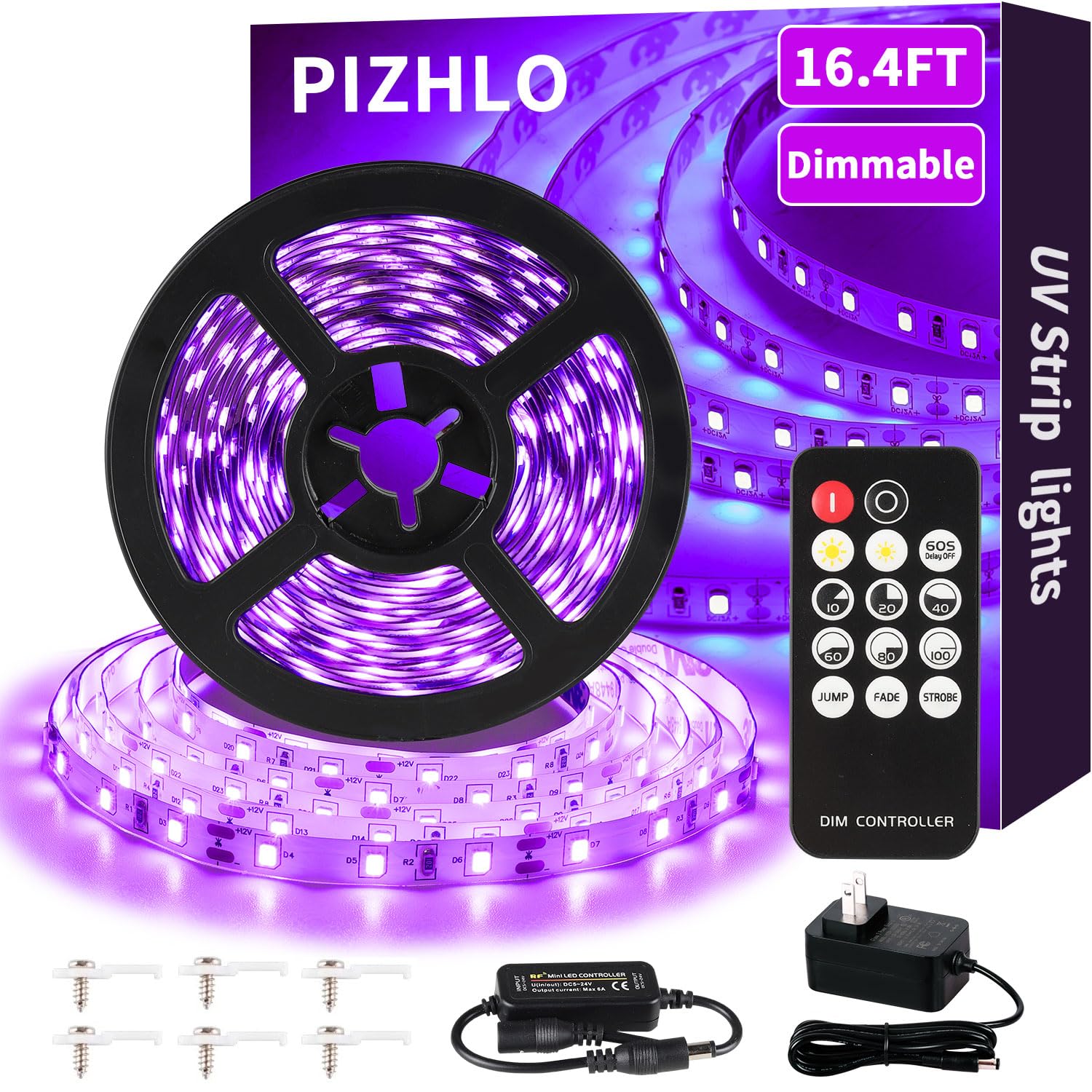 PIZHLO upgraded sixteen-point-four-foot black light strip with remote for easy party lighting