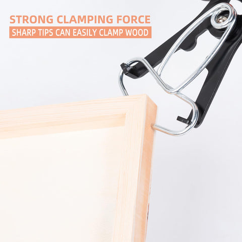 PLATATO miter clamps used in woodworking projects to hold joints firmly.