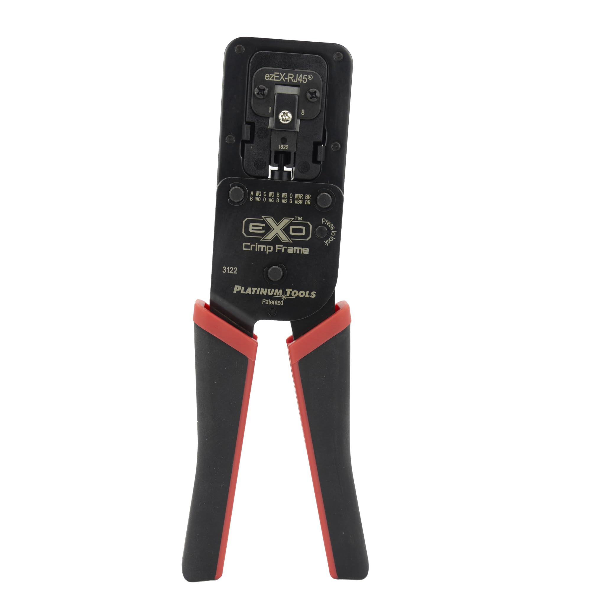 Platinum Tools EXO Crimp Frame close-up shows precision jaws for clean terminations on ezEX-RJ45.