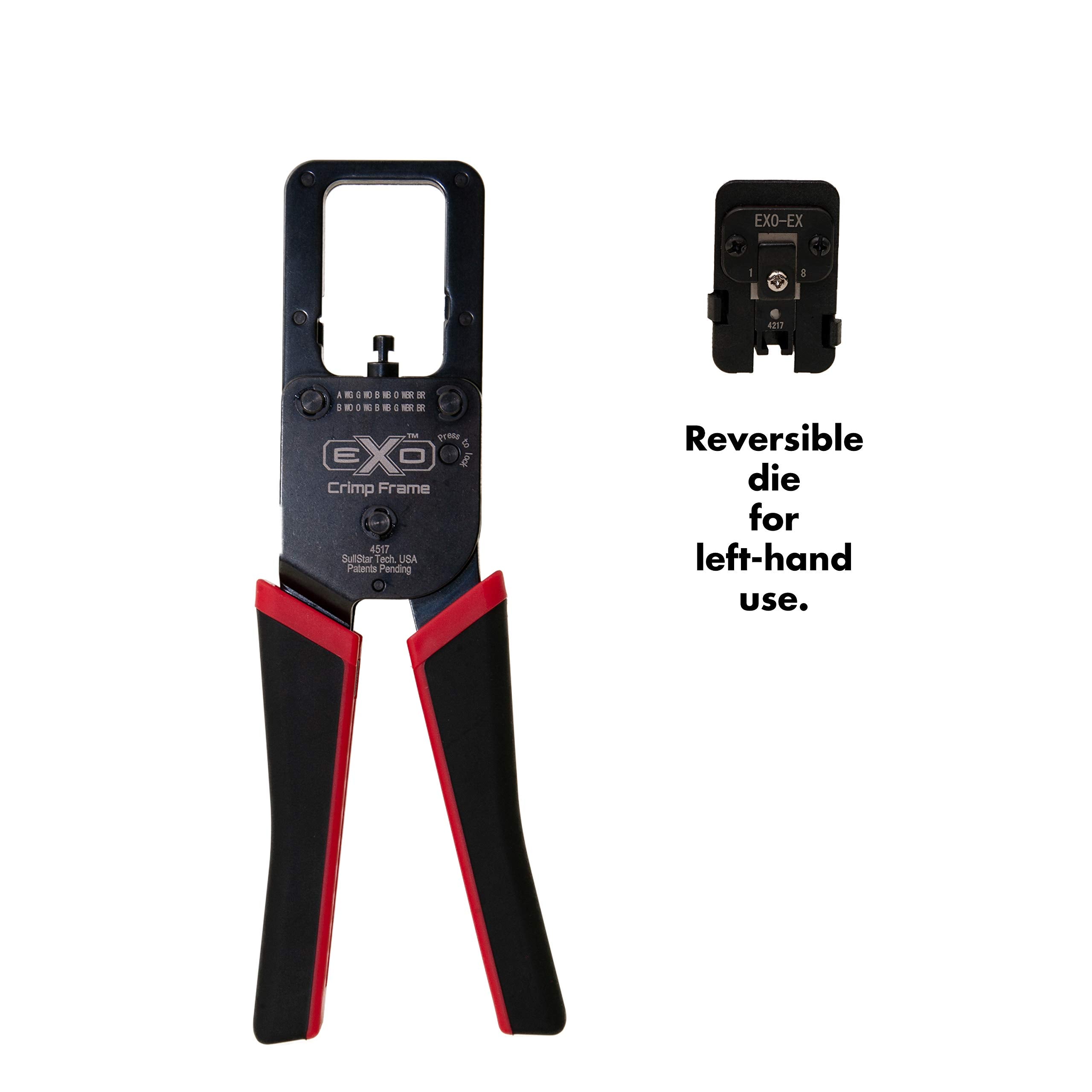 Platinum Tools EZEX-RJ45 Connector Assembly illustrates pass-through wiring verification in action.