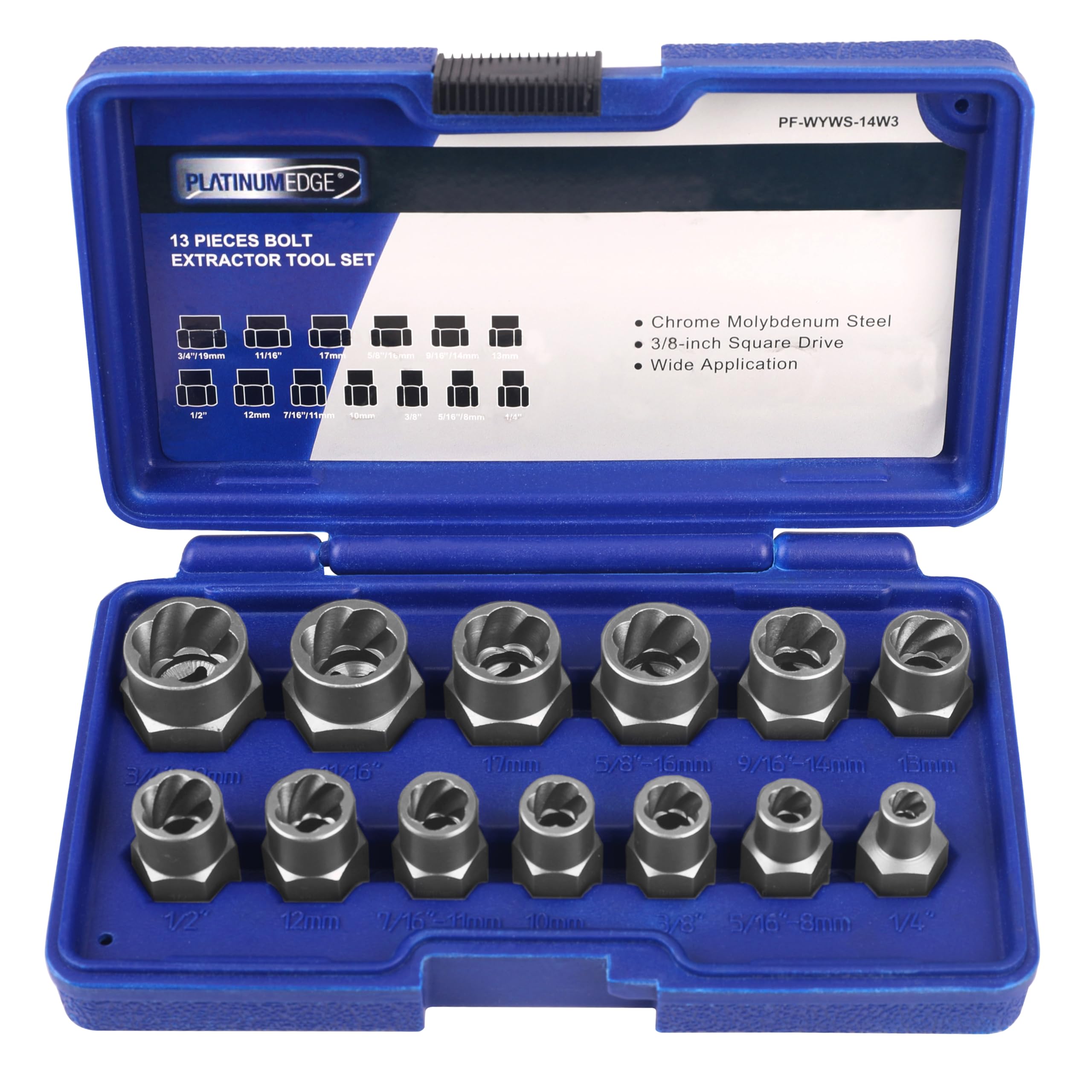 PLATINUMEDGE 13-piece bolt and nut remover set in case for organized storage.