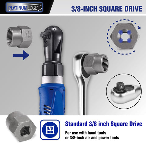 PLATINUMEDGE 3/8-inch square drive compatibility enables versatile tool setup.