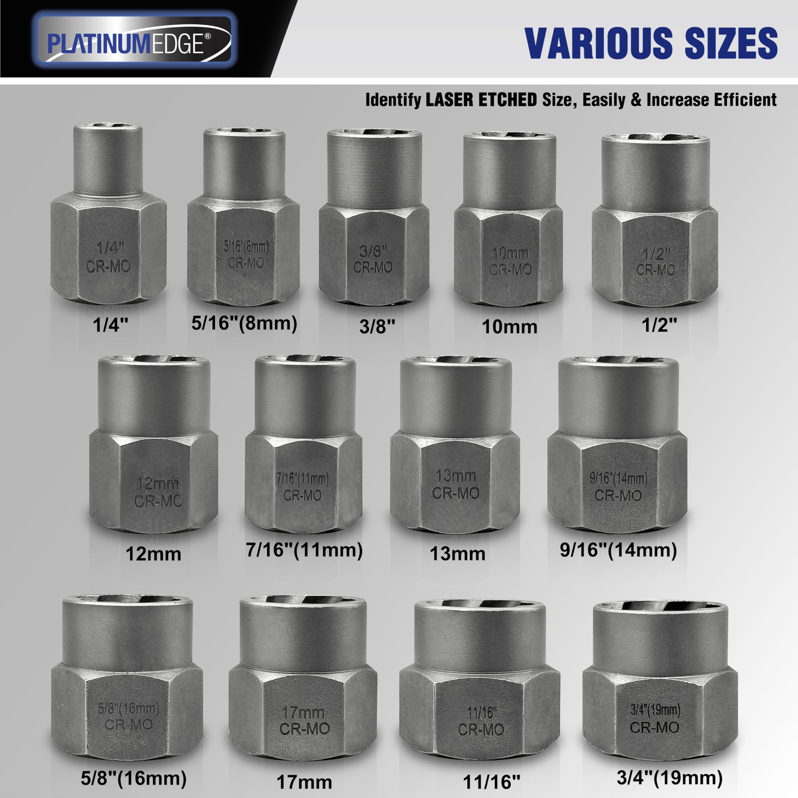 PLATINUMEDGE CR-MO steel bolt remover close-up shows durable teeth for tough bolts.