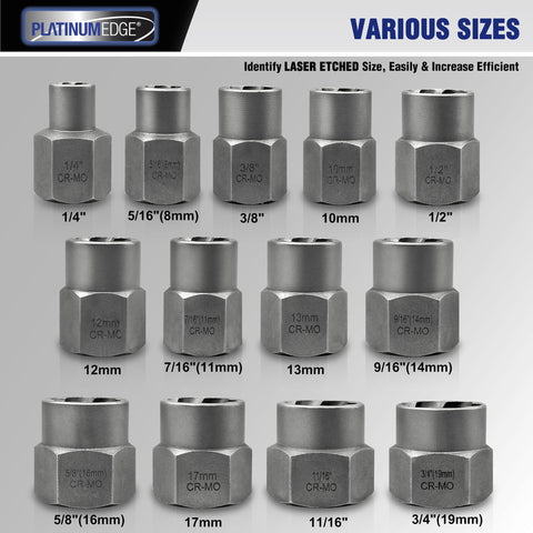 PLATINUMEDGE CR-MO steel bolt remover close-up shows durable teeth for tough bolts.