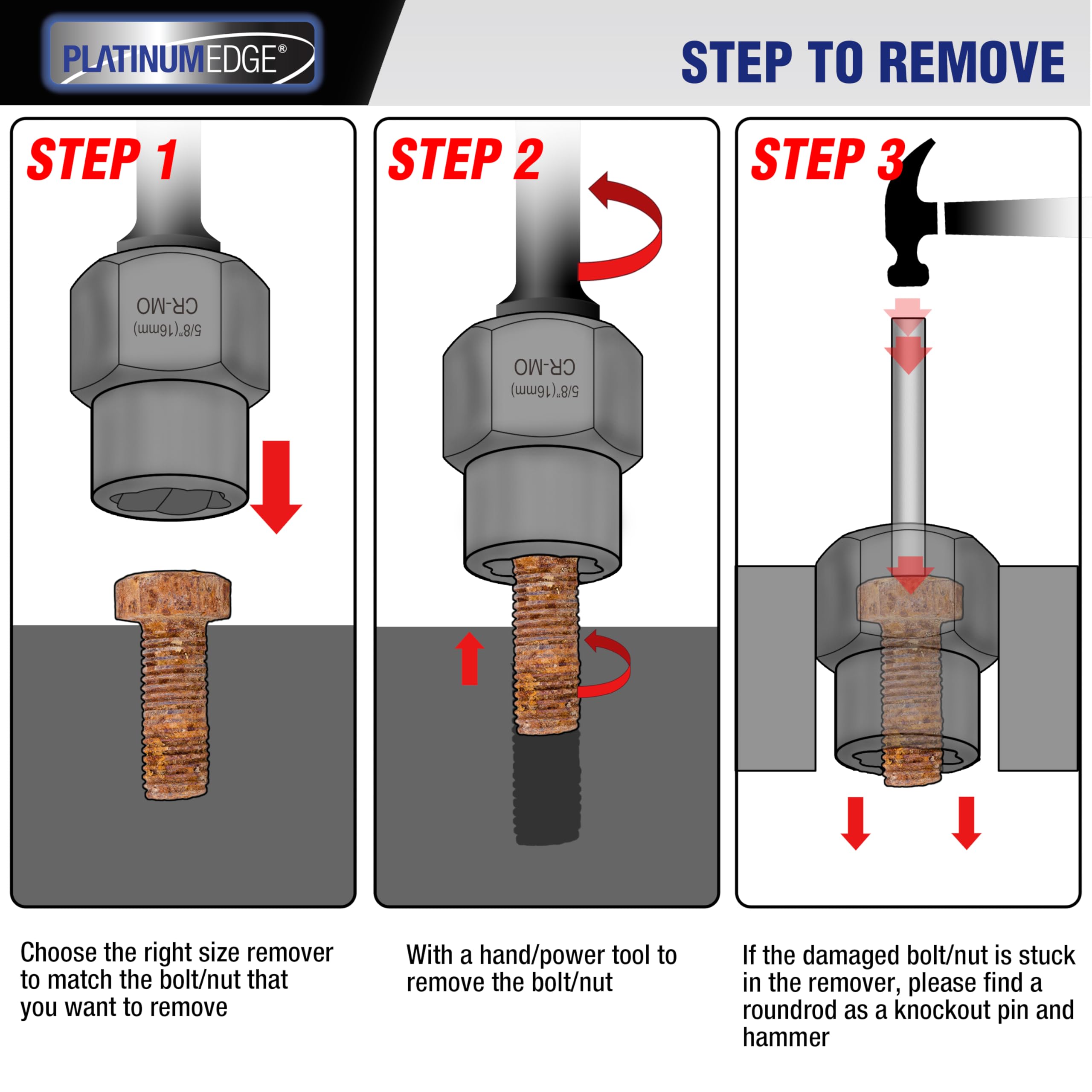 PLATINUMEDGE rust-damaged nut remover in action supports appliance and vehicle repairs.