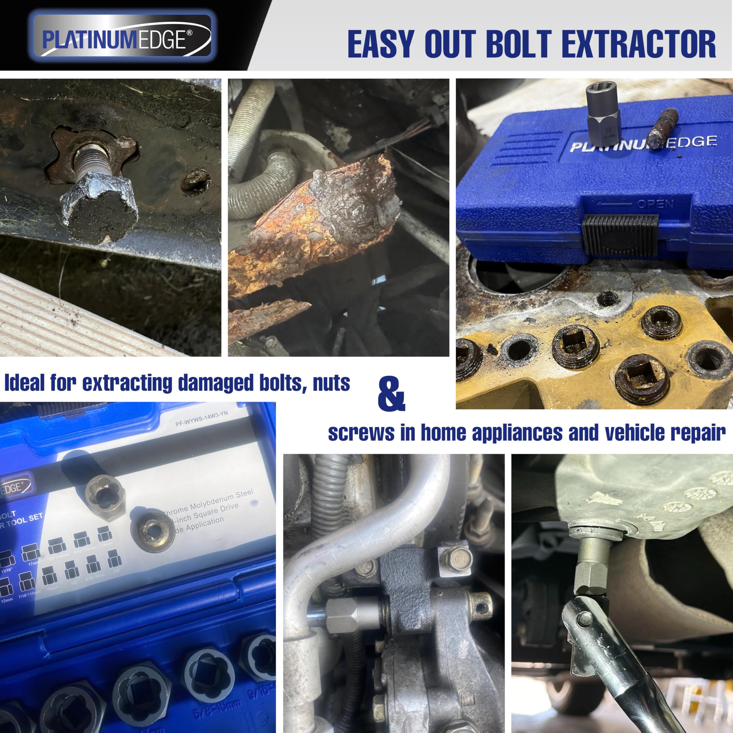 PLATINUMEDGE universal bolt extractor kit layout in a durable case.