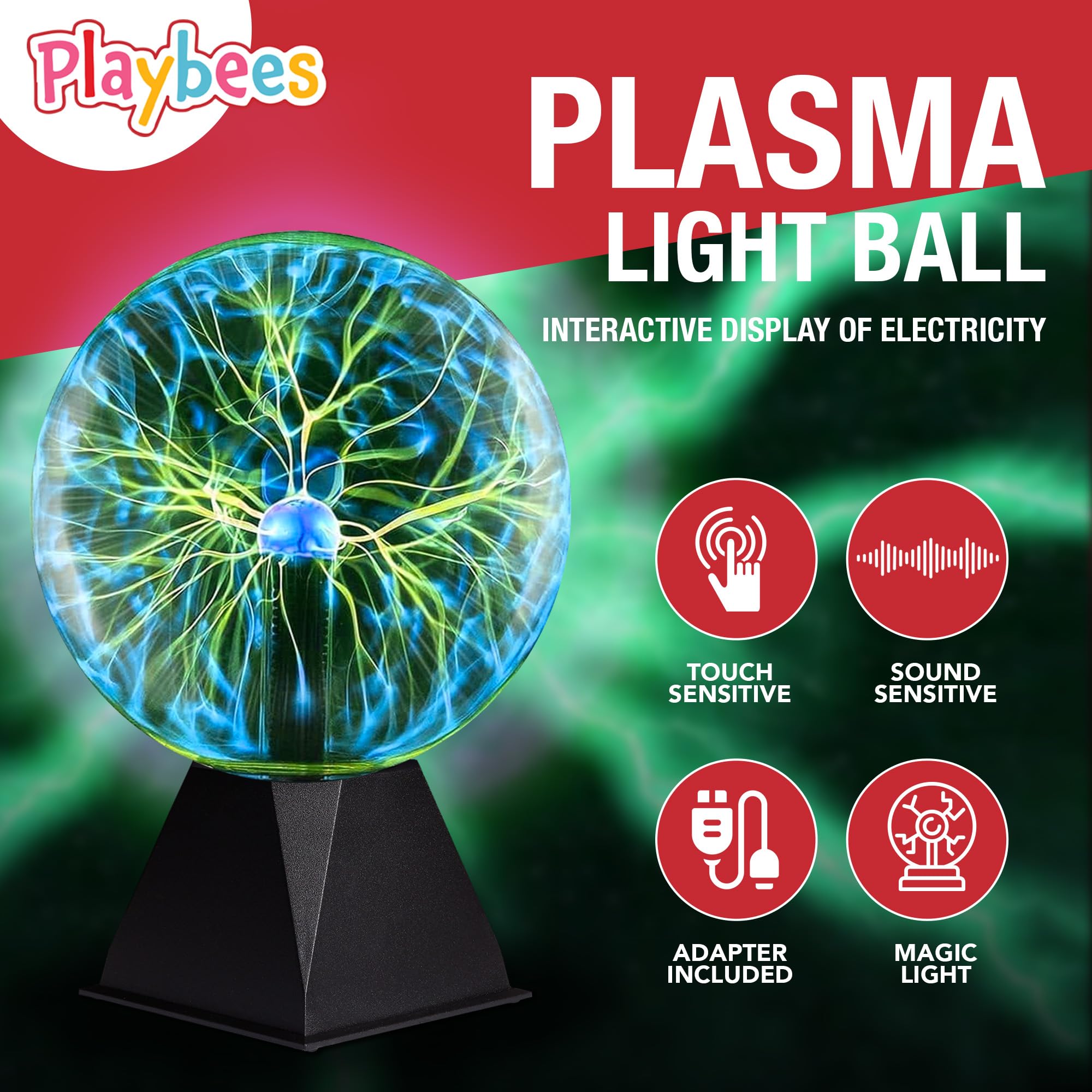 Playbees Green Plasma Ball in action with spark-like visuals and ambient lighting