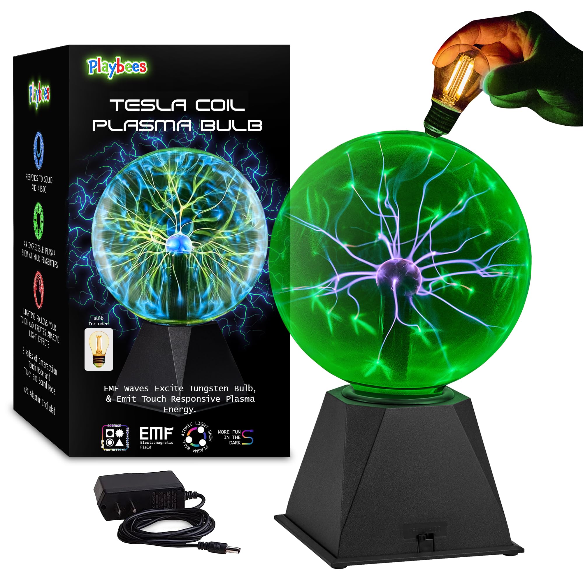 Playbees Green Plasma Ball 7-Inch globe glowing with vibrant lightning for parties