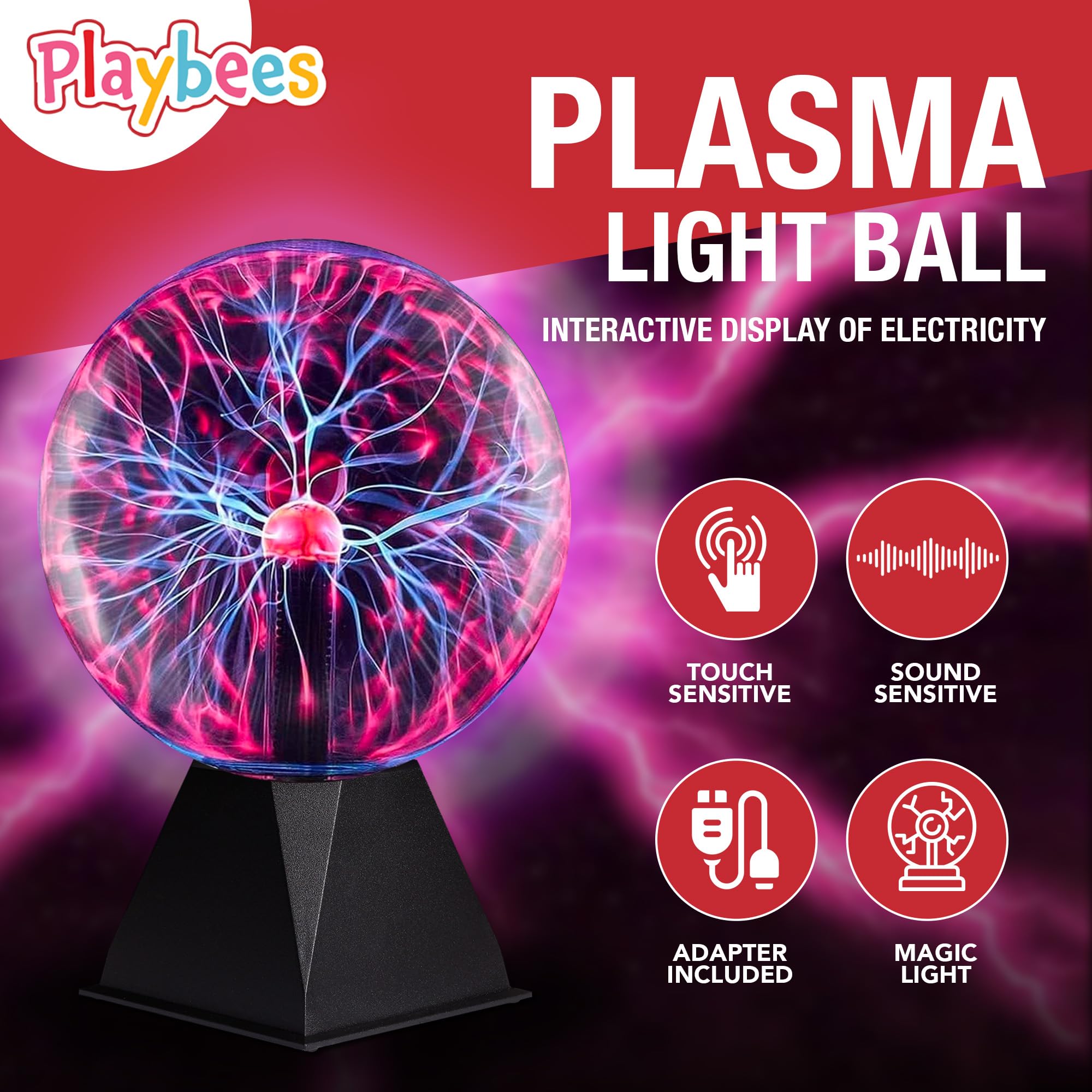 Playbees plasma ball touch and sound reactive mode responds to music.