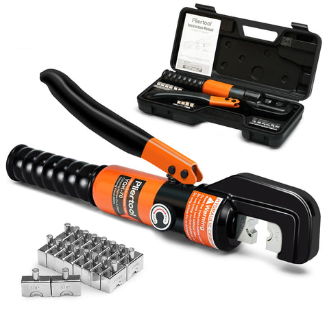 Pliertool 10-ton hydraulic crimper front view for high-force battery cable crimps.